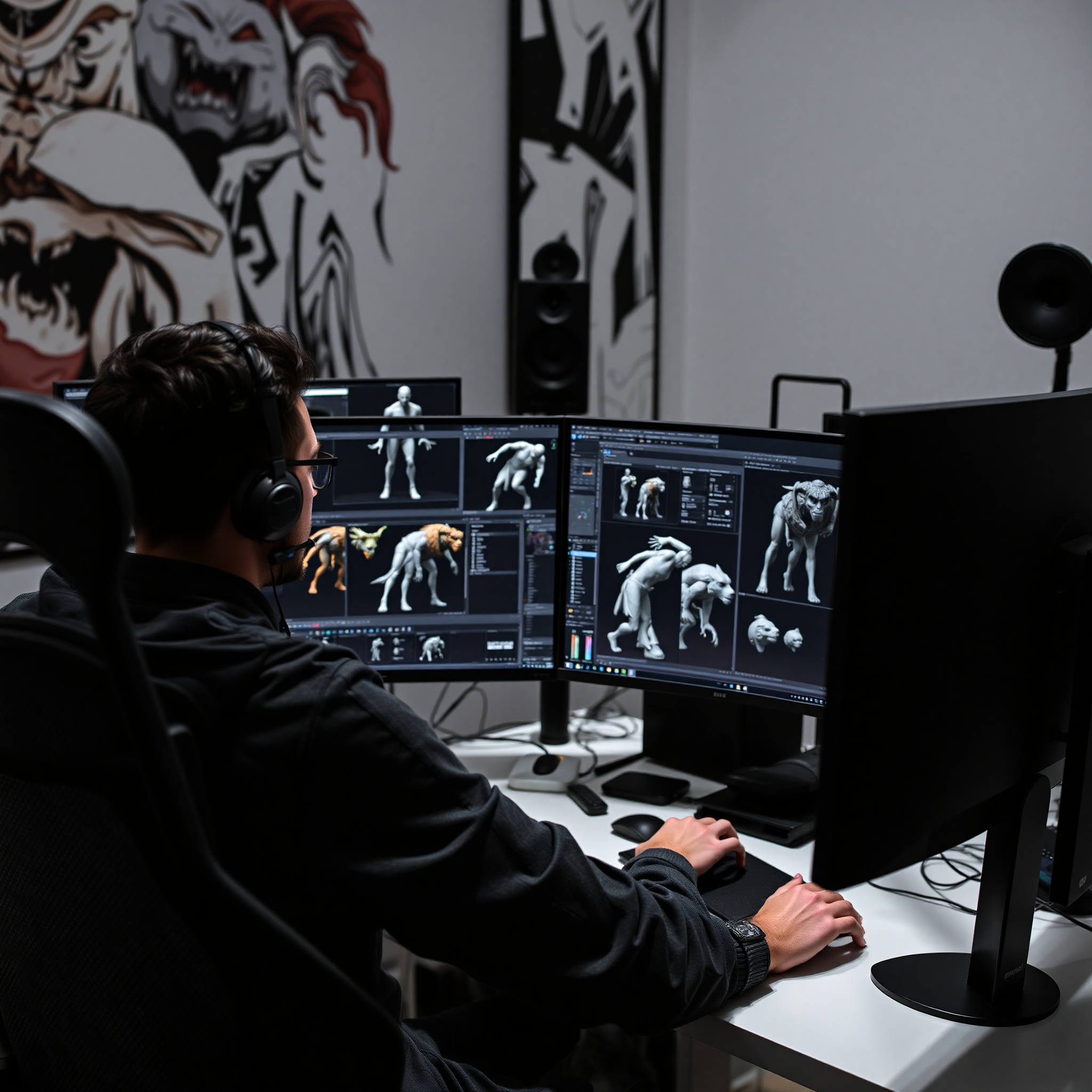 Profesional artista 3D trabajando en estación de trabajo moderna con múltiples pantallas mostrando modelos 3D complejos de personajes de videojuegos