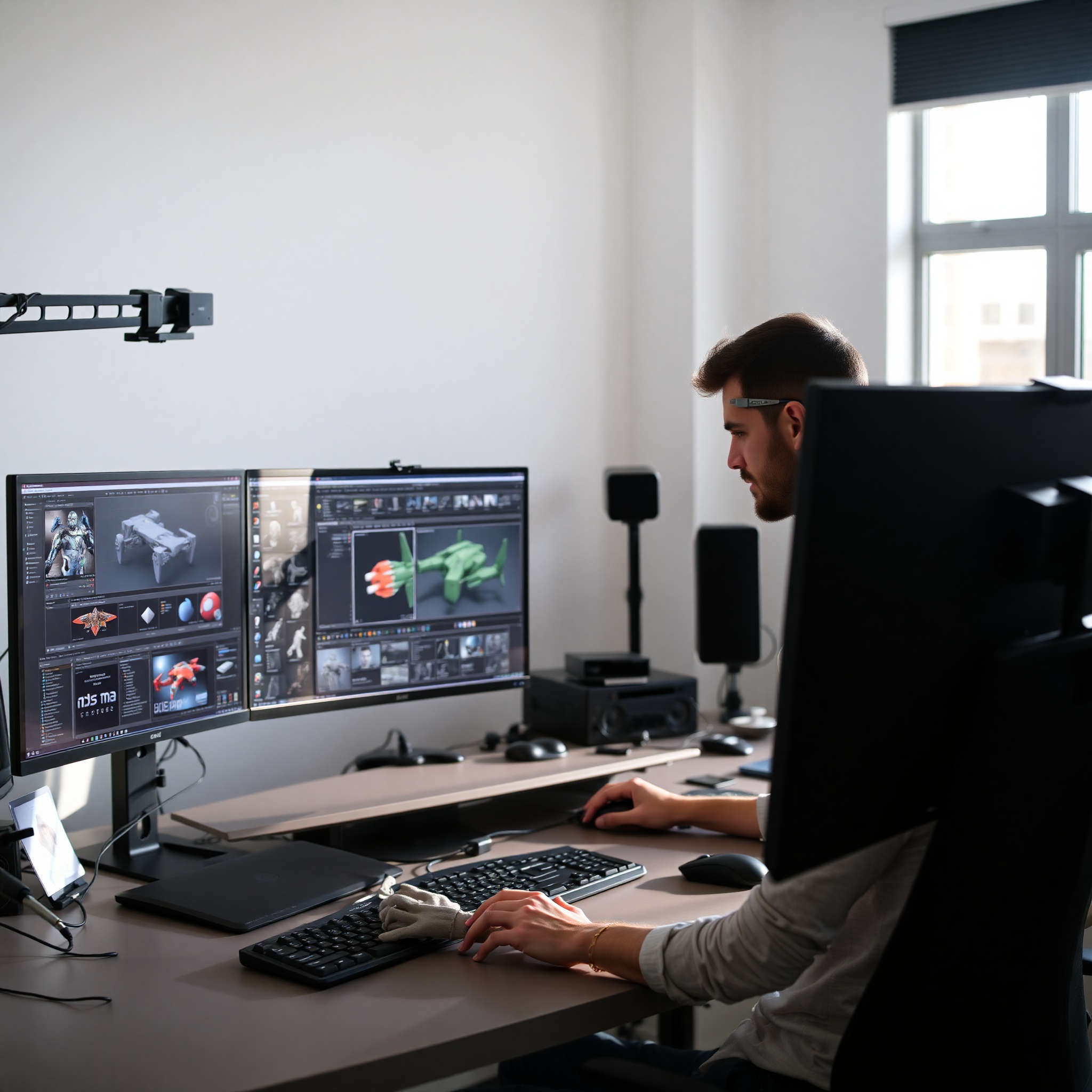 Profesional trabajando con interfaz 3D en monitor dual, software de modelado 3D abierto