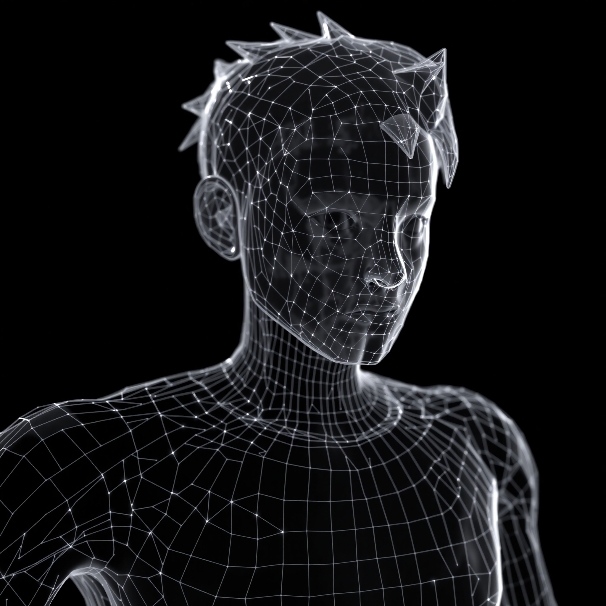 Escultura digital de personaje 3D con geometría poligonal visible en pantalla