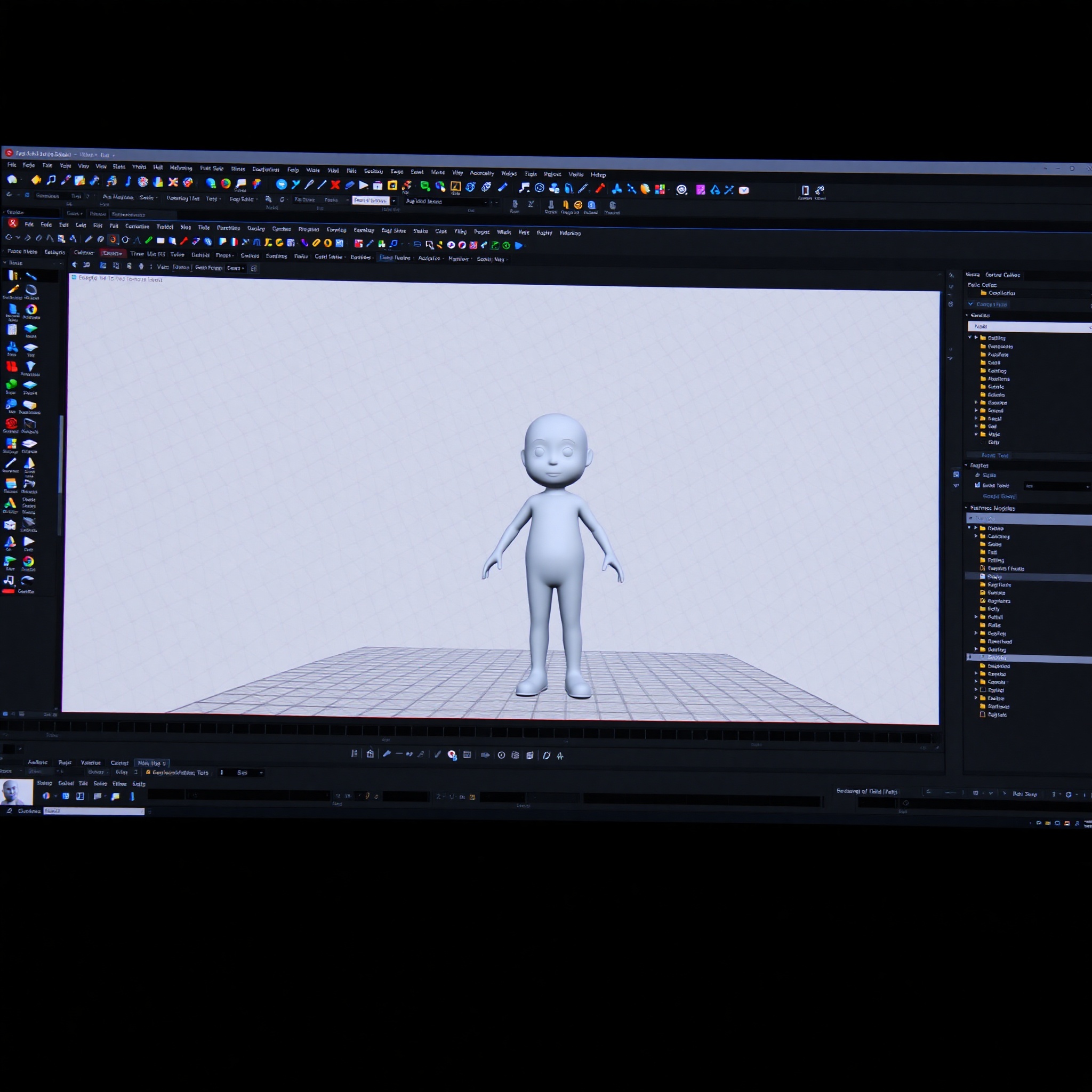 Interfaz profesional de 3ds Max mostrando un modelo 3D de personaje para videojuego en el viewport principal