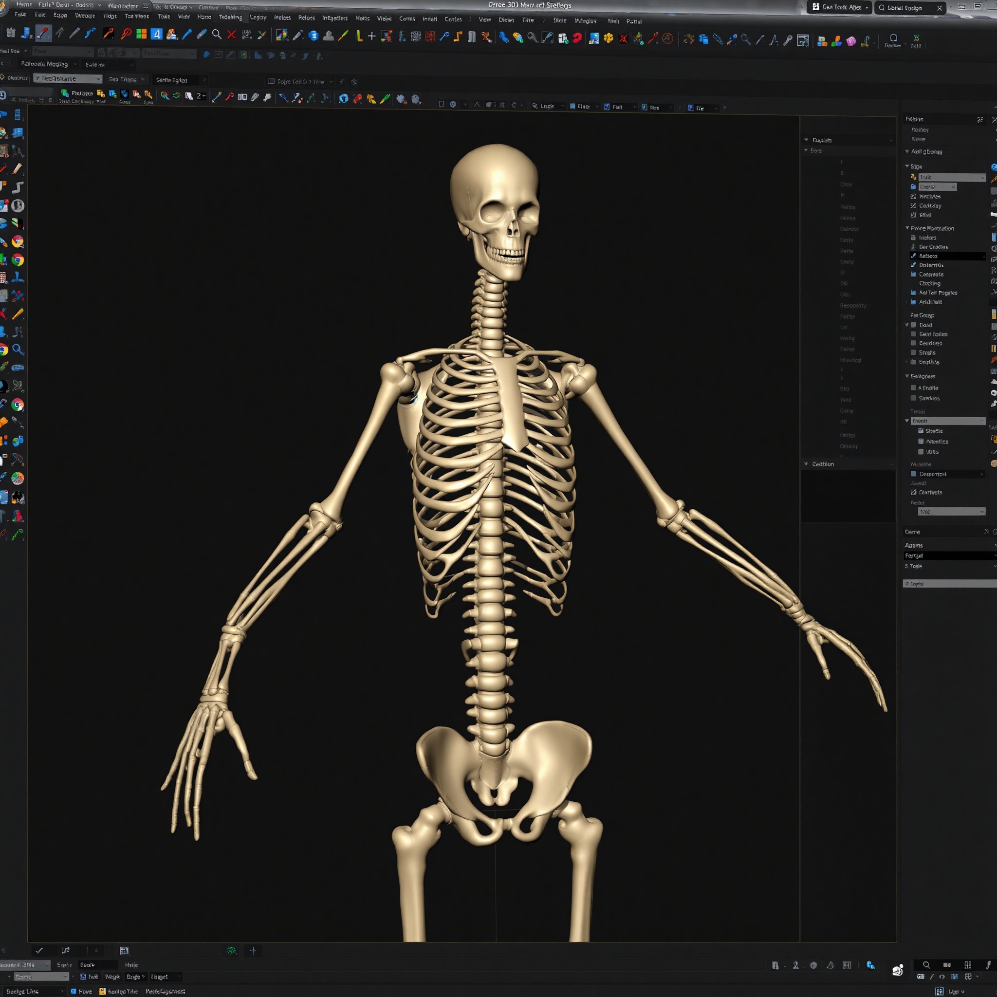 Pantalla de 3ds Max mostrando estructura de esqueleto de personaje 3D con huesos visibles y sistema jerárquico