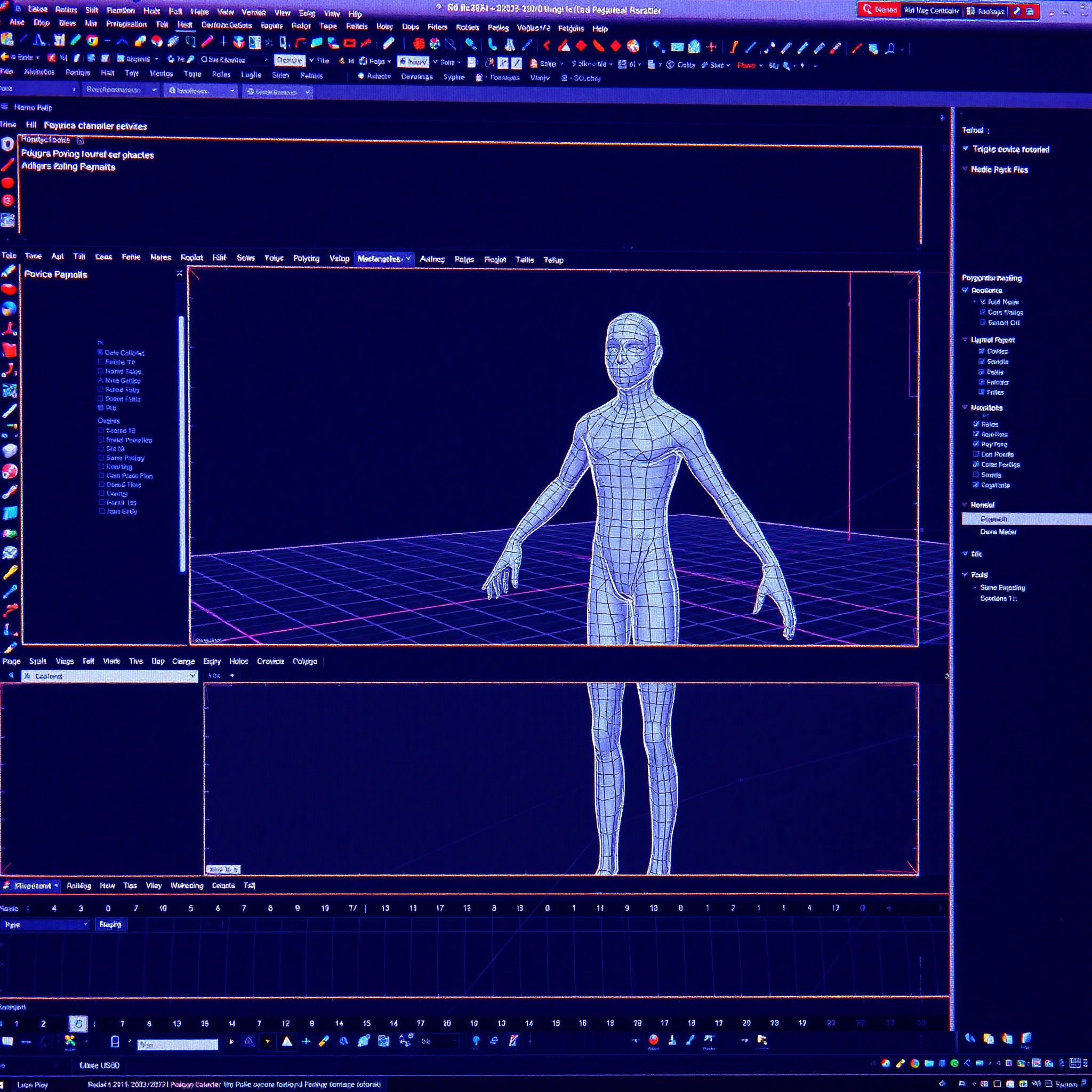 Interfaz de 3ds Max con vista de modelado poligonal de personaje humanoid