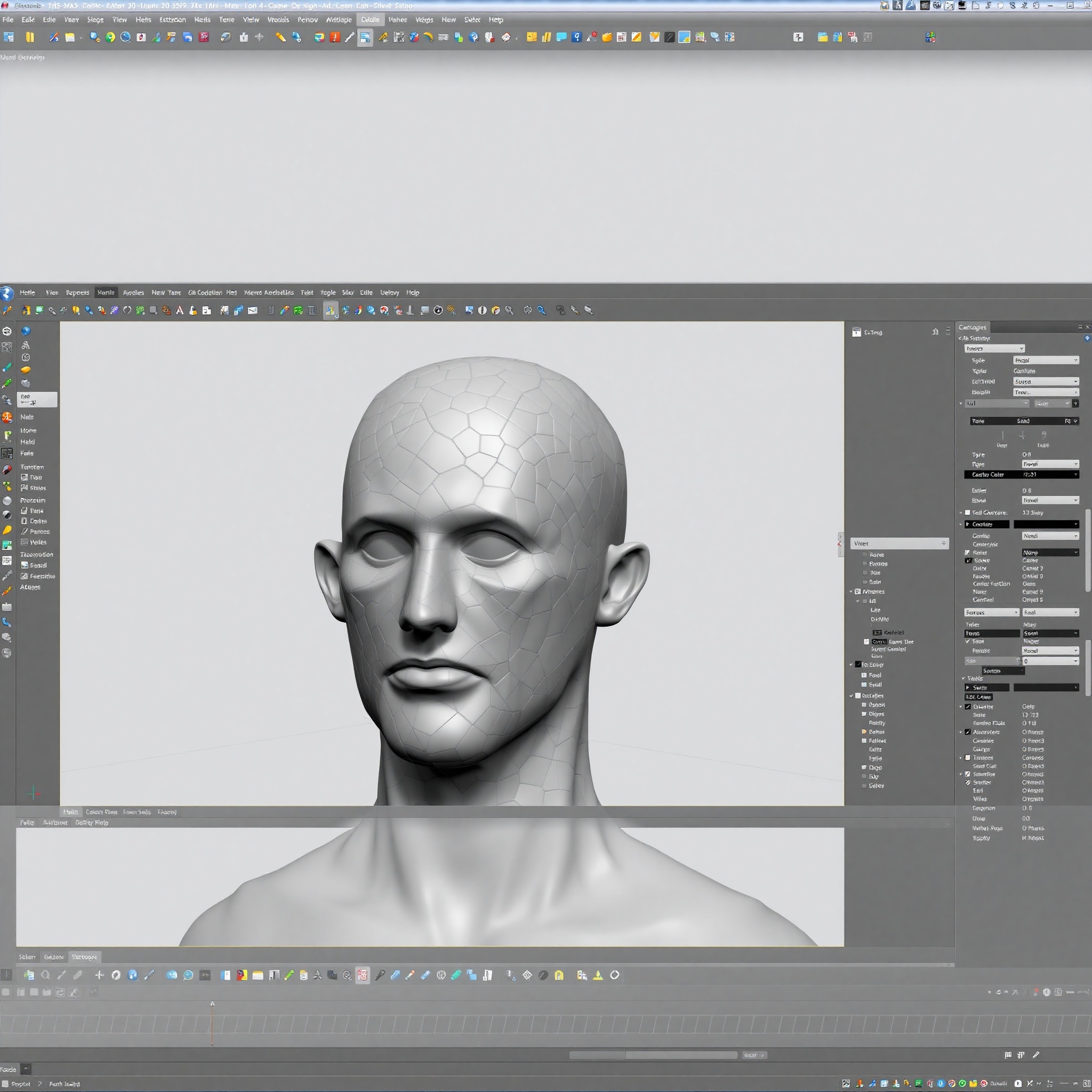 Interfaz profesional de 3ds Max mostrando un modelo 3D de personaje para videojuego en el viewport principal