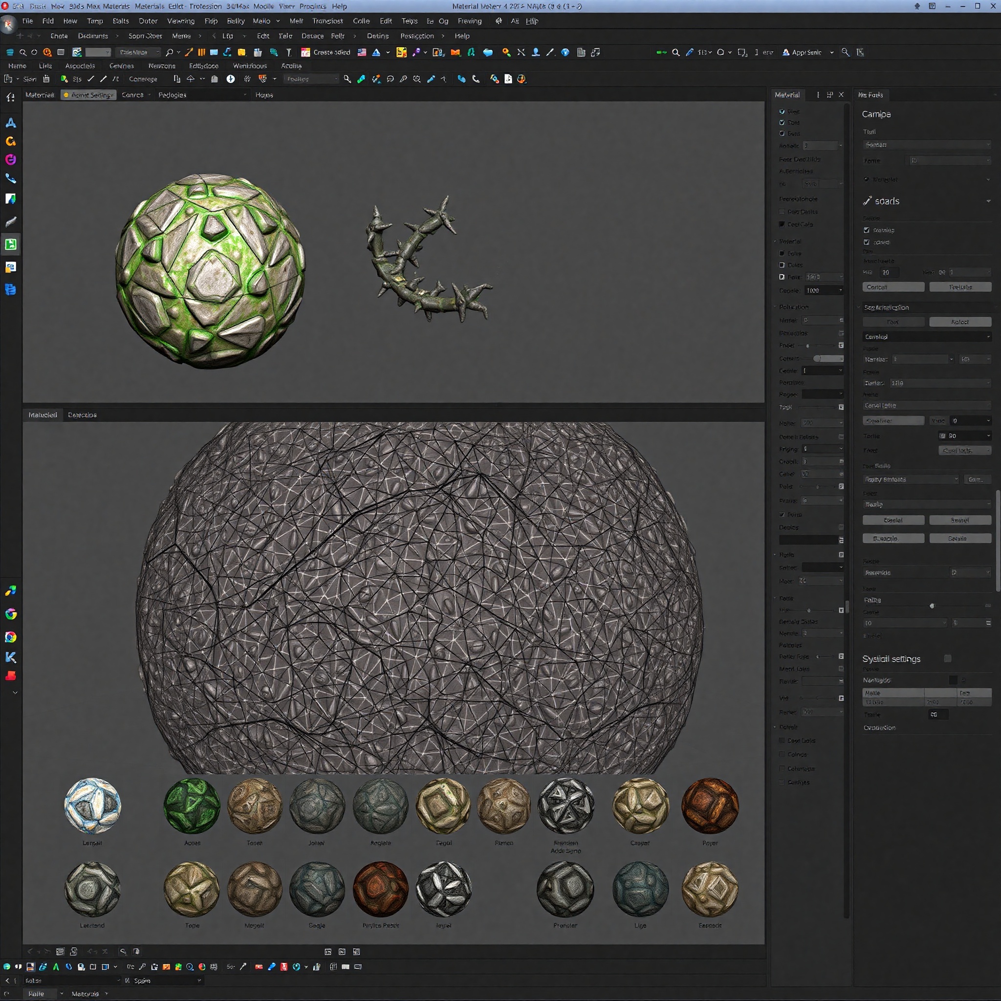 Panel de materiales en 3ds Max mostrando texturas PBR y configuración de propiedades físicas de superficies