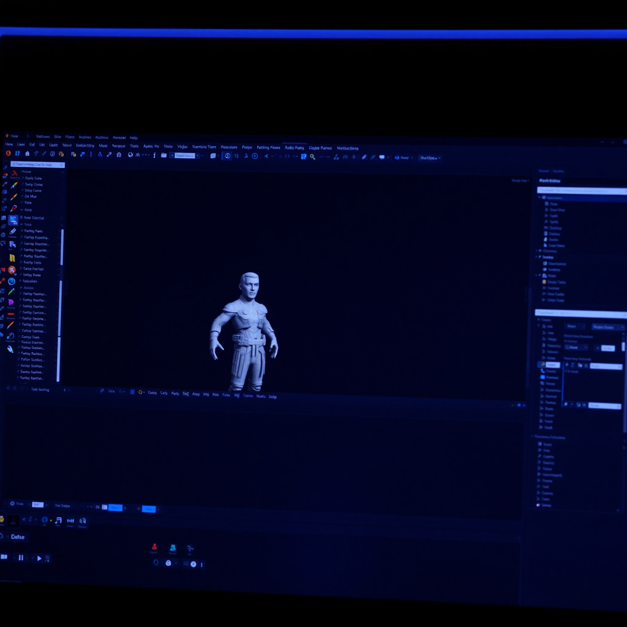 Interfaz profesional de 3ds Max mostrando un modelo 3D de personaje para videojuego en el viewport principal con herramientas de modelado visibles