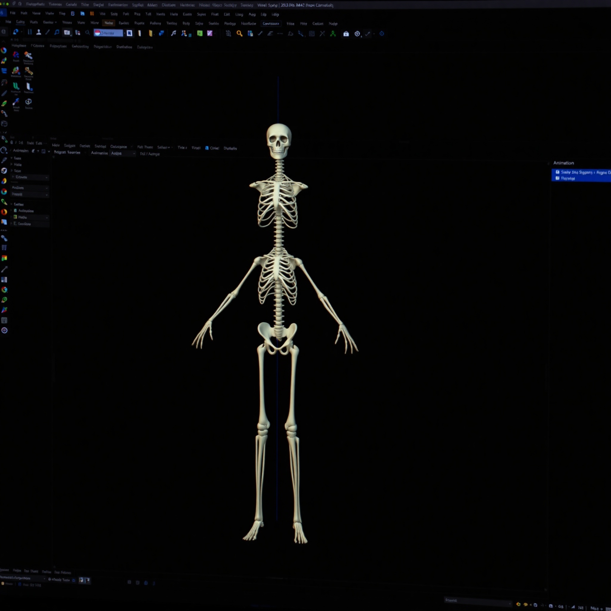 Rigging y animación de personaje 3D en 3ds Max con esqueleto visible y controles de animación profesionales