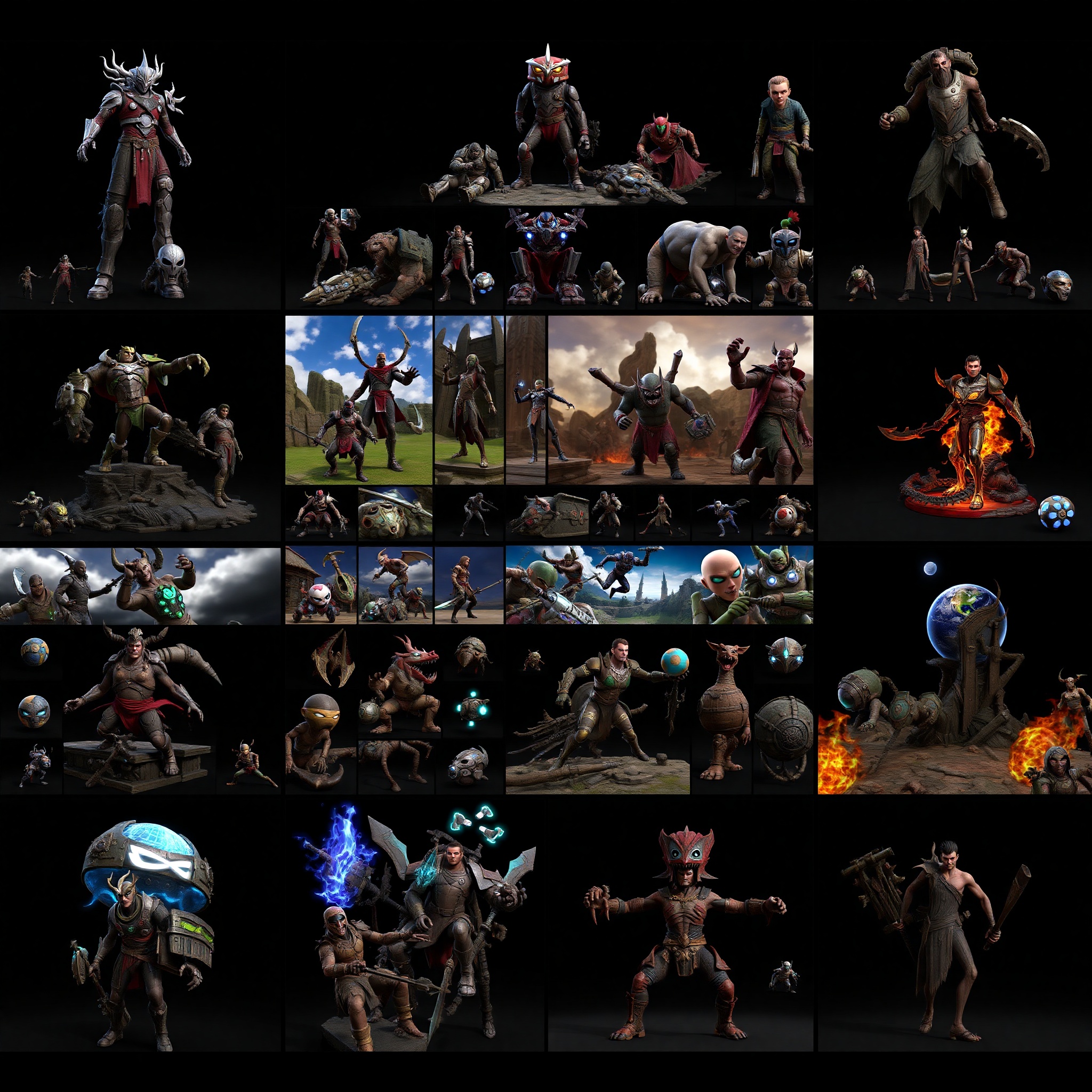 Galería de proyectos profesionales de modelado 3D mostrando diversos personajes, escenarios y efectos visuales creados con 3ds Max para videojuegos